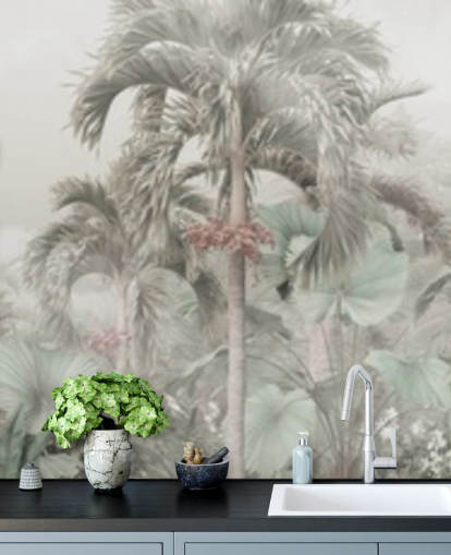 Papel pintado de paisaje selvático panorámico silencioso con altos árboles tropicales