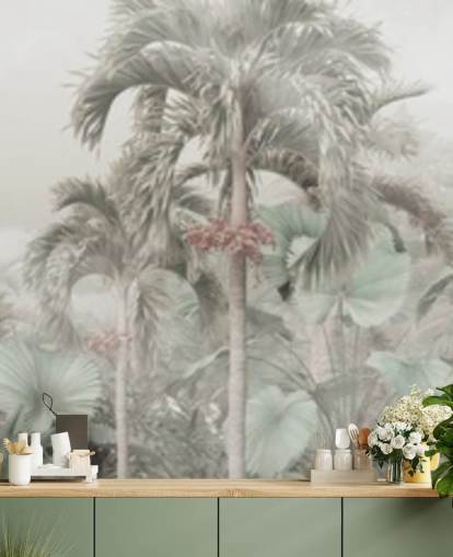 Gedempt panoramisch junglelandschap met behang met hoge tropische bomen