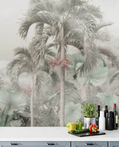 Papel pintado de paisaje selvático panorámico silencioso con altos árboles tropicales