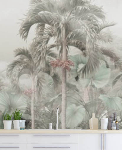 Silenzioso paesaggio panoramico della giungla con alti alberi tropicali, carta da parati