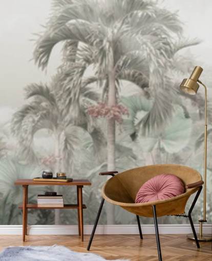 Papel pintado de paisaje selvático panorámico silencioso con altos árboles tropicales Papel pintado de paisaje selvático panorámico silencioso con altos árboles tropicales