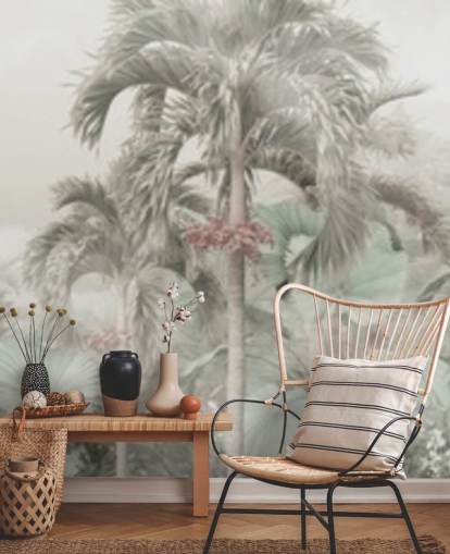Muted panoramic jungle landscape with tall tropical trees wallpaper