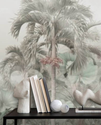 Papel pintado de paisaje selvático panorámico silencioso con altos árboles tropicales