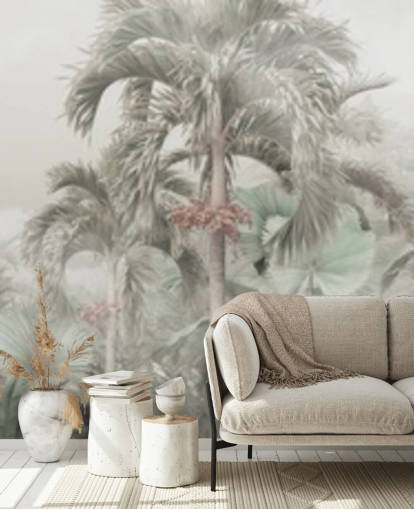 Muted panoramic jungle landscape with tall tropical trees wallpaper