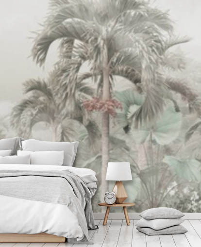 Papel pintado de paisaje selvático panorámico silencioso con altos árboles tropicales