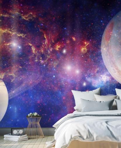 Purple and blue nebular background with large planets and stars wallpaper