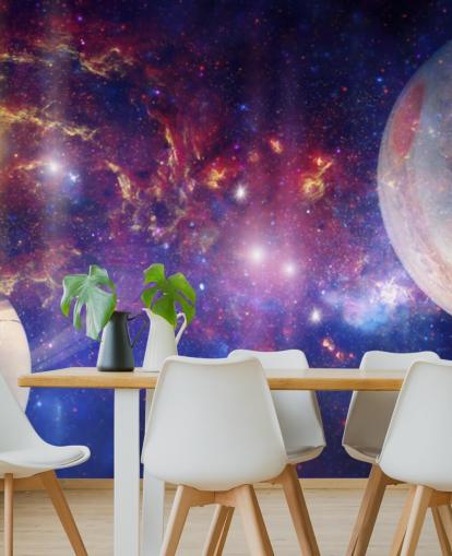 Fondo nebular morado y azul con grandes planetas y estrellas