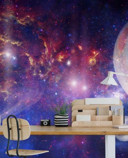 Fundo nebular roxo e azul com papel de parede de grandes planetas e estrelas