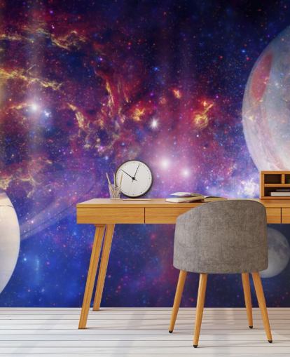 Purple and blue nebular background with large planets and stars wallpaper