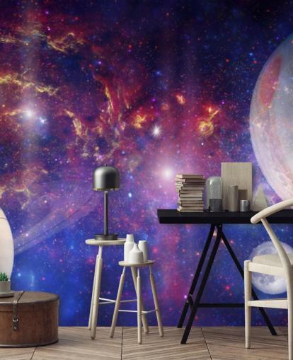 Purple and blue nebular background with large planets and stars wallpaper