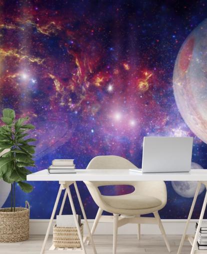 Purple and blue nebular background with large planets and stars wallpaper Purple and blue nebular background with large planets and stars wallpaper