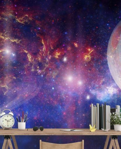 Purple and blue nebular background with large planets and stars wallpaper Purple and blue nebular background with large planets and stars wallpaper