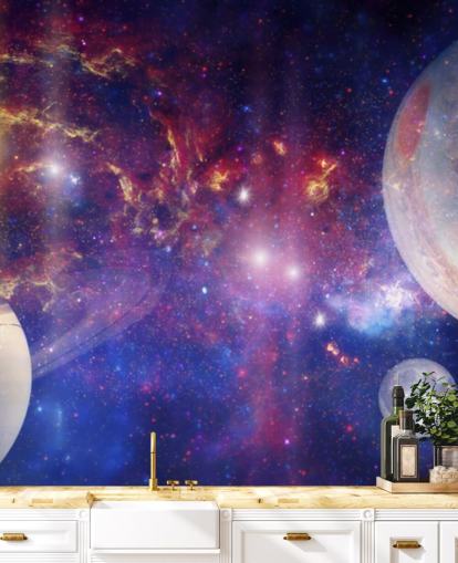 Paarse en blauwe nevelachtergrond met behang met grote planeten en sterren