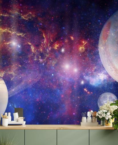 Purple and blue nebular background with large planets and stars wallpaper