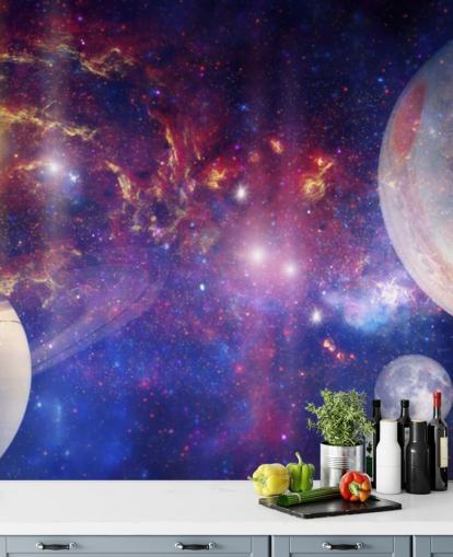 Purple and blue nebular background with large planets and stars wallpaper