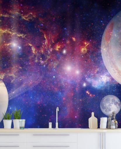 Fundo nebular roxo e azul com papel de parede de grandes planetas e estrelas