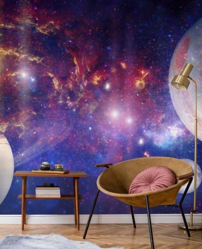 Purple and blue nebular background with large planets and stars wallpaper