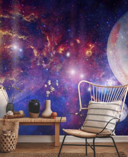 Purple and blue nebular background with large planets and stars wallpaper