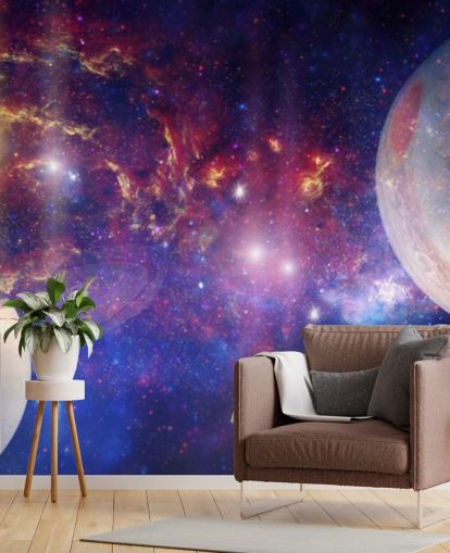 Fondo nebular morado y azul con grandes planetas y estrellas Fondo nebular morado y azul con grandes planetas y estrellas