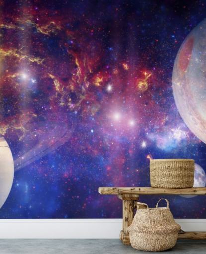 Fondo nebular morado y azul con grandes planetas y estrellas