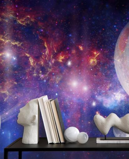 Purple and blue nebular background with large planets and stars wallpaper