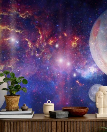 Purple and blue nebular background with large planets and stars wallpaper