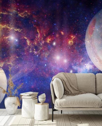 Fondo nebular morado y azul con grandes planetas y estrellas