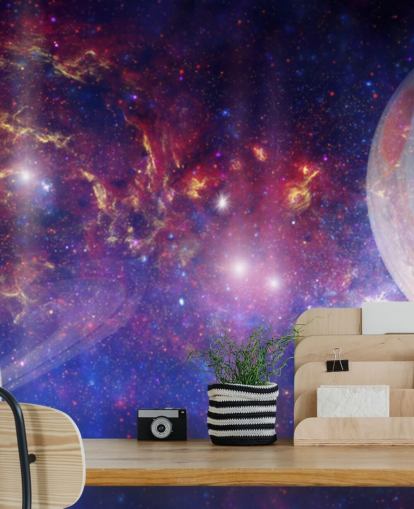 Purple and blue nebular background with large planets and stars wallpaper