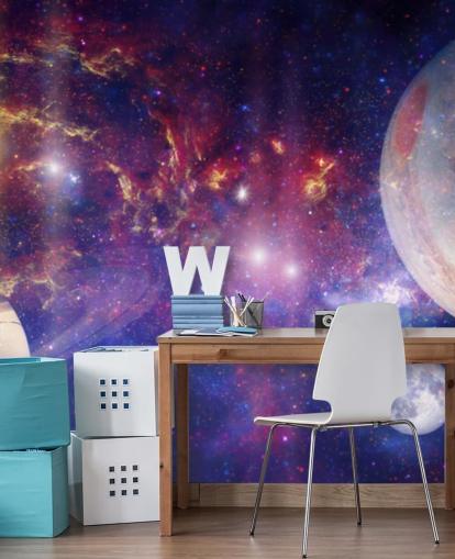 Purple and blue nebular background with large planets and stars wallpaper