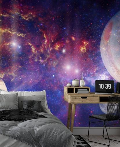 Purple and blue nebular background with large planets and stars wallpaper