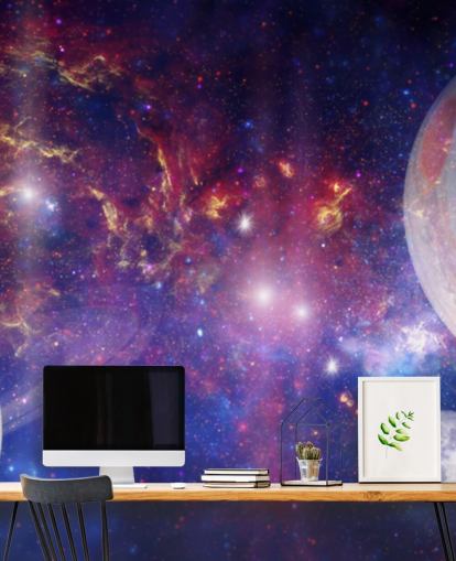 Paarse en blauwe nevelachtergrond met behang met grote planeten en sterren Paarse en blauwe nevelachtergrond met behang met grote planeten en sterren