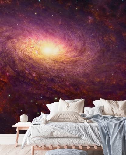 Galassia vorticosa viola scuro con vortici rossi e stelle con una carta da parati centrale luminosa