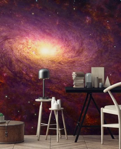 Galassia vorticosa viola scuro con vortici rossi e stelle con una carta da parati centrale luminosa