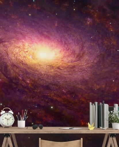 Galassia vorticosa viola scuro con vortici rossi e stelle con una carta da parati centrale luminosa