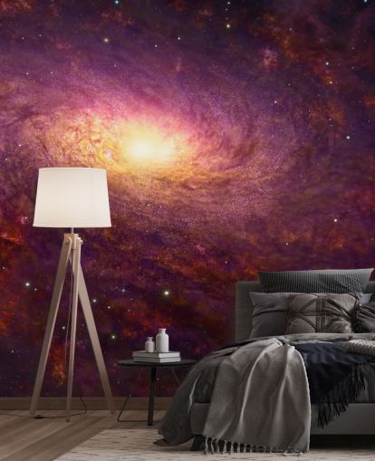 Galassia vorticosa viola scuro con vortici rossi e stelle con una carta da parati centrale luminosa