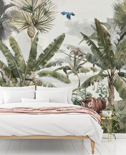 Tapete „Grüner tropischer Regenwald“, Dschungelbäume und grüne Sträucher mit Tigern und Vögeln