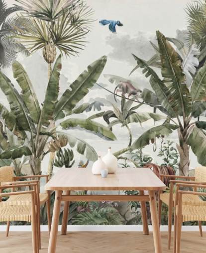 Gröna tropiska regnskog djungelträd och gröna buskar med tigrar och fåglar tapeter