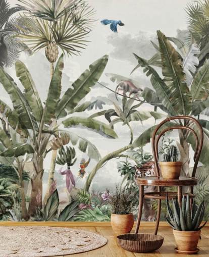 Tapete „Grüner tropischer Regenwald“, Dschungelbäume und grüne Sträucher mit Tigern und Vögeln