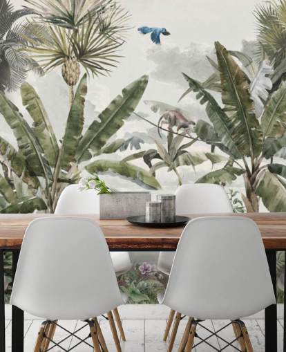 Green tropical rainforest jungle trees and green bushes with tigers and birds wallpaper