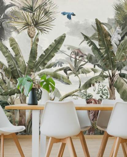 Carta da parati verde della foresta pluviale tropicale, giungla, alberi e cespugli verdi con tigri e uccelli