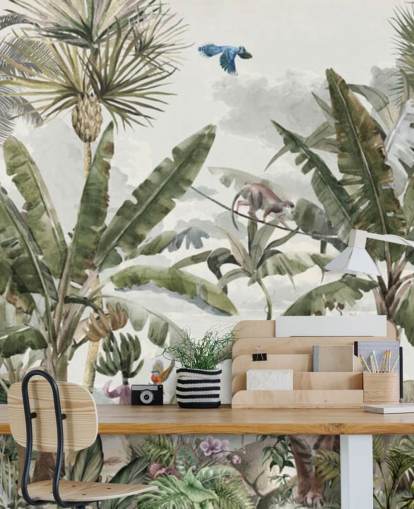 Papier peint : forêt tropicale humide verte, arbres de la jungle et buissons verts avec tigres et oiseaux