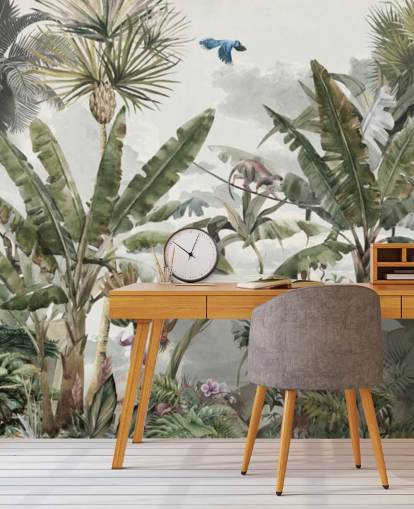 Green tropical rainforest jungle trees and green bushes with tigers and birds wallpaper