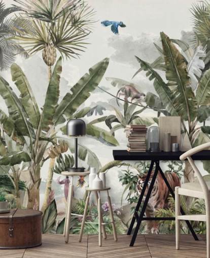 Green tropical rainforest jungle trees and green bushes with tigers and birds wallpaper