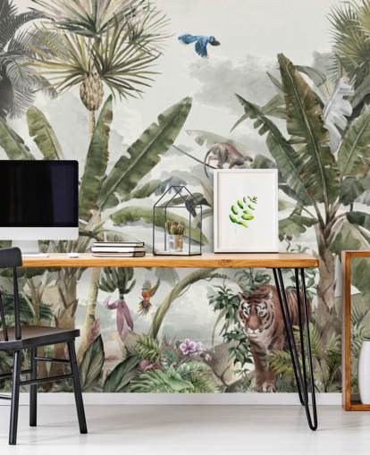 Papier peint : forêt tropicale humide verte, arbres de la jungle et buissons verts avec tigres et oiseaux Papier peint : forêt tropicale humide verte, arbres de la jungle et buissons verts avec tigres et oiseaux