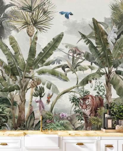 Green tropical rainforest jungle trees and green bushes with tigers and birds wallpaper