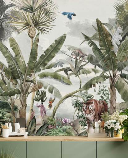 Carta da parati verde della foresta pluviale tropicale, giungla, alberi e cespugli verdi con tigri e uccelli