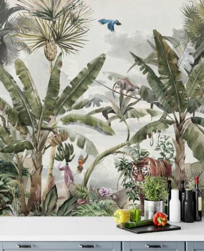Papier peint : forêt tropicale humide verte, arbres de la jungle et buissons verts avec tigres et oiseaux