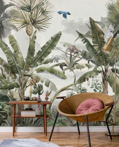 Fondo de pantalla verde de selva tropical, árboles selváticos y arbustos verdes con tigres y pájaros Fondo de pantalla verde de selva tropical, árboles selváticos y arbustos verdes con tigres y pájaros