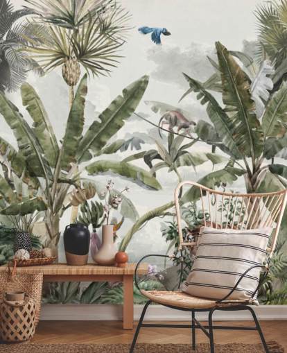 Carta da parati verde della foresta pluviale tropicale, giungla, alberi e cespugli verdi con tigri e uccelli