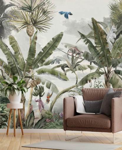 Tapete „Grüner tropischer Regenwald“, Dschungelbäume und grüne Sträucher mit Tigern und Vögeln